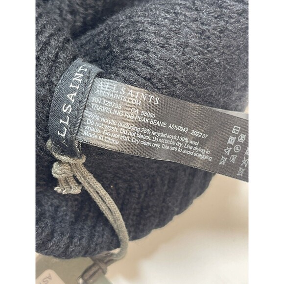AllSaints Traveling Rib Peak Beanie In Black Unisex New - Picture 5 of 5
